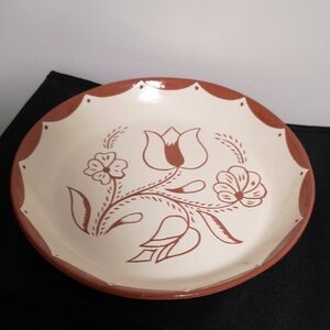 Fantastic Fun Vintage Shoo-Fly Pie Plate Redware Tulips Trinity Bird-in-hand PA